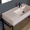 Console Sink Vanity With Beige Travertine Design Ceramic Sink and Natural Brown Oak Drawer, 35